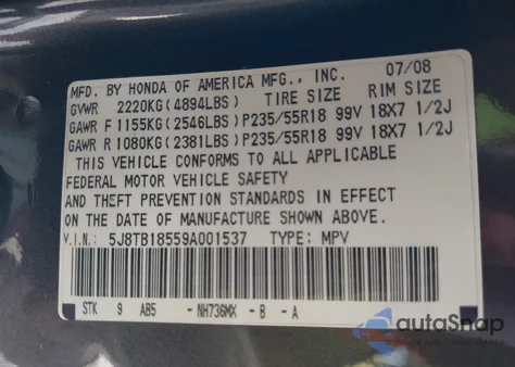 2009 Acura Rdx z USA, uszkodzony, nr VIN 5J8TB18559A001537